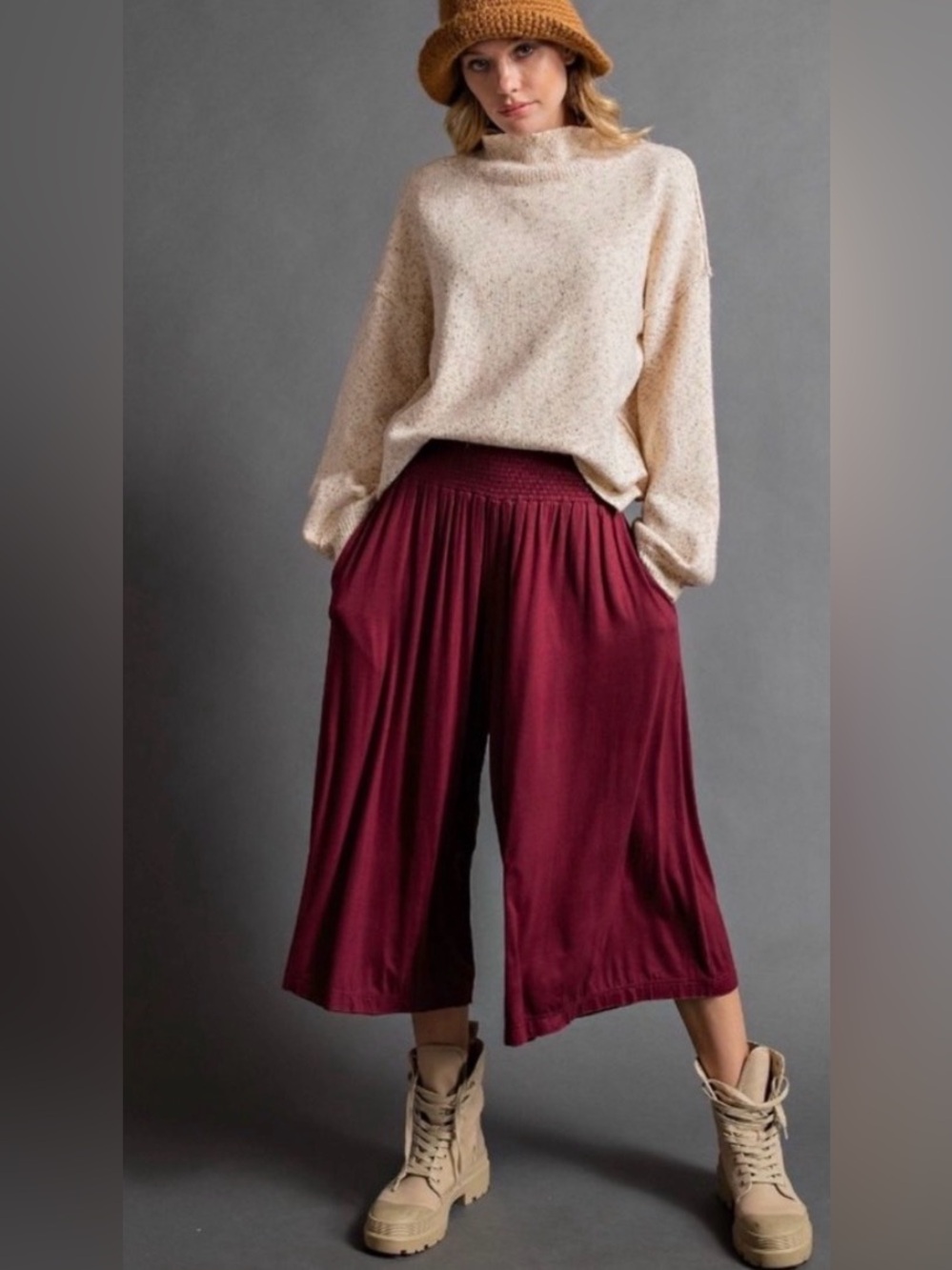 #1480 Easel Wide Leg Pants With Smocking Waist Band